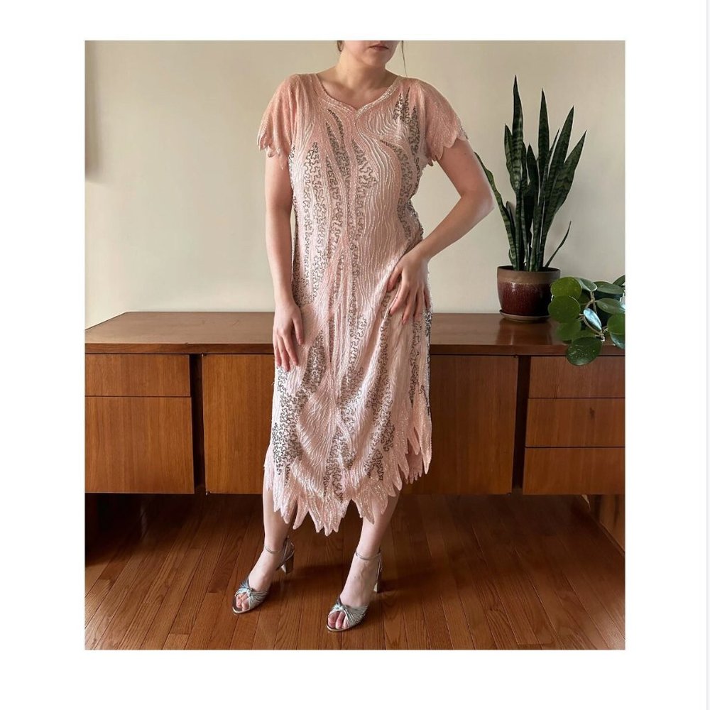 Vintage 80's / Ballet Pink Silk Drip Dress / Silver Glass Bead & Sequins